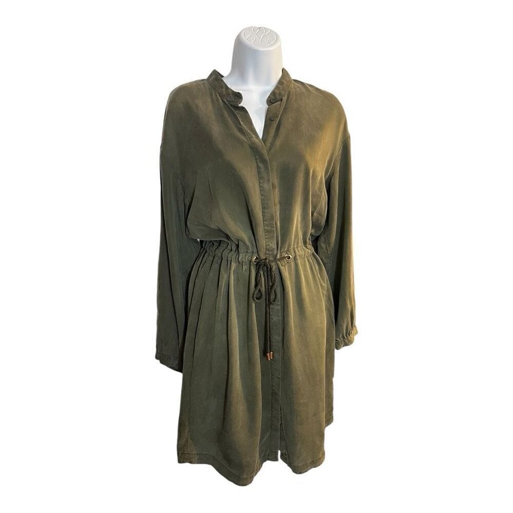 A New Day Chambray Shirt Dress Size M Women Green  Button Up Drawstring Waist